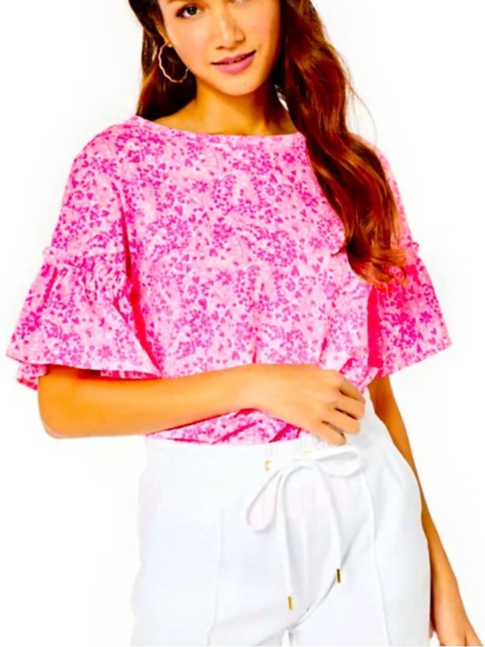 Lilly Pulitzer Pink Floral Ruffle Sleeve Women's Top Size L EUC